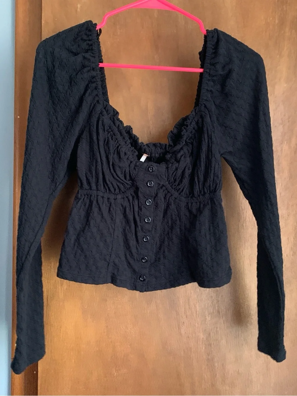 Free People Black Ladybug Puff Sleeve Crop Top Button-down Square Neck Top